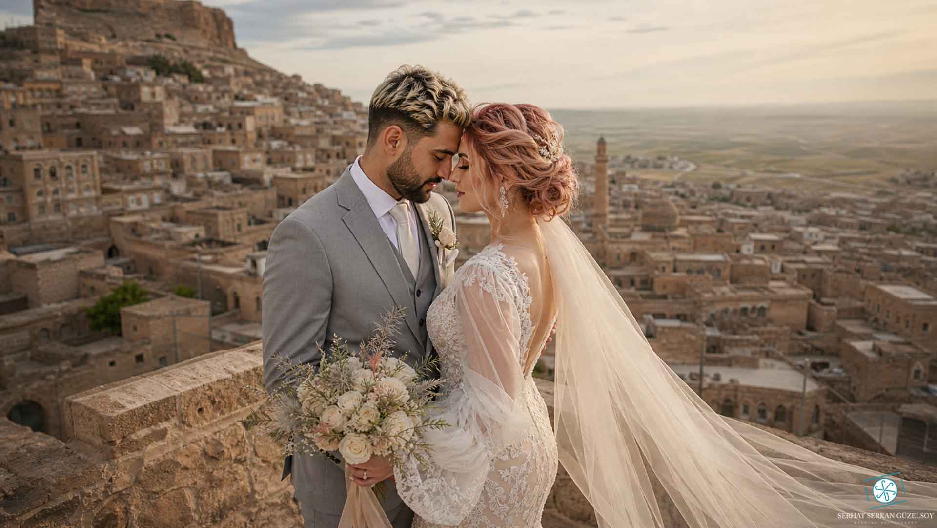 Mardin yapay zeka düğün fotoğrafları taş mimari gelin damat portresi